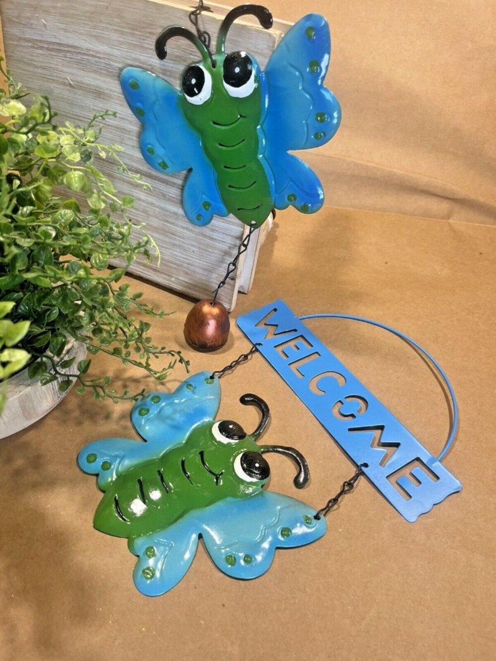 2 Pc Metal Welcome Sign Butterfly Front Door Sign + Butterfly with Bell U90